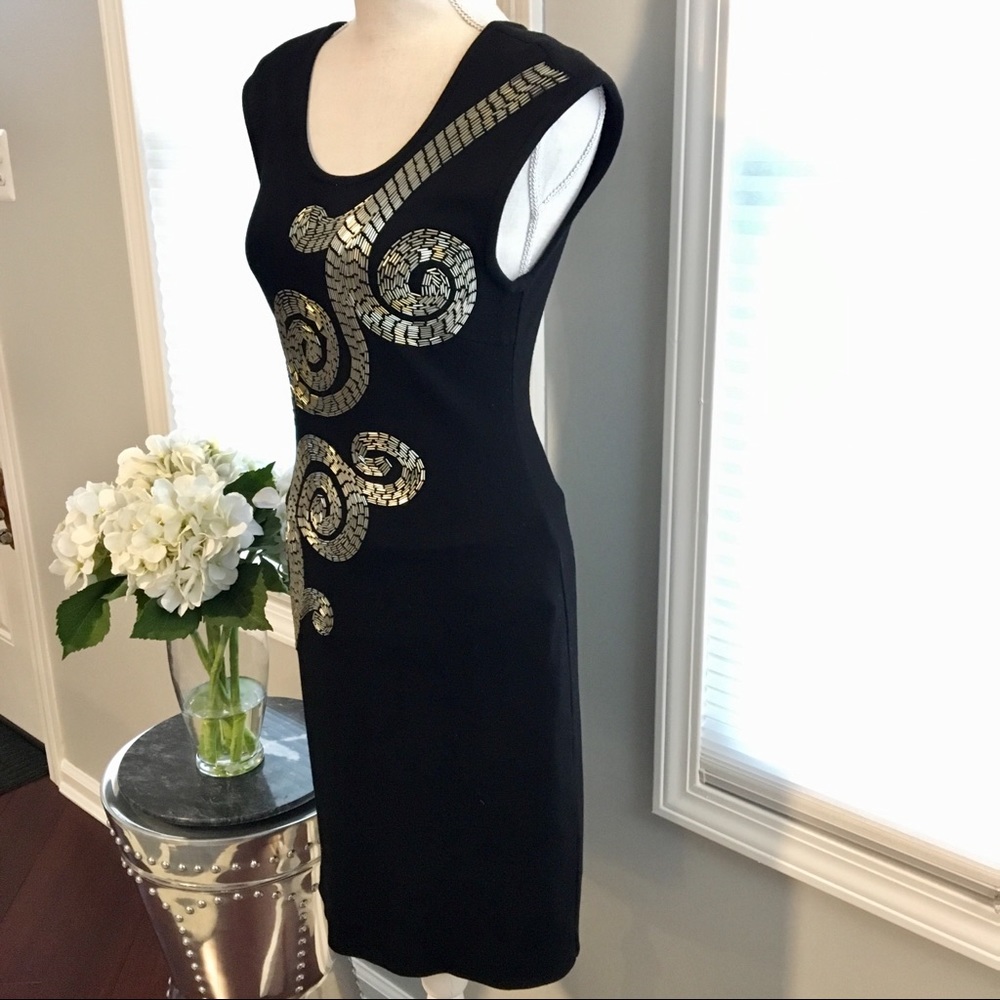 Black dress with beading.